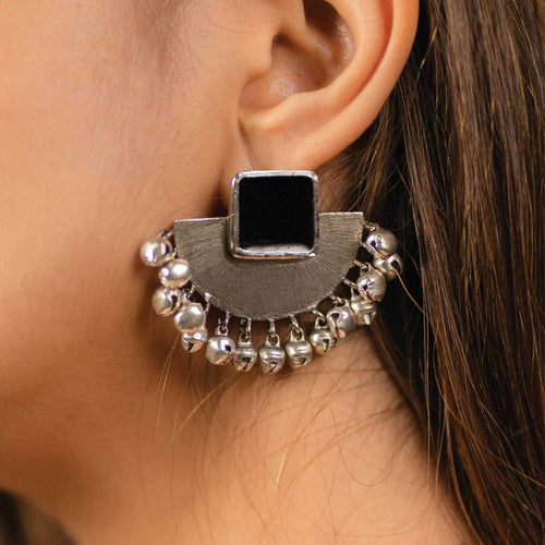 Classic Half Moon Earrings & Ring Combo - Black
